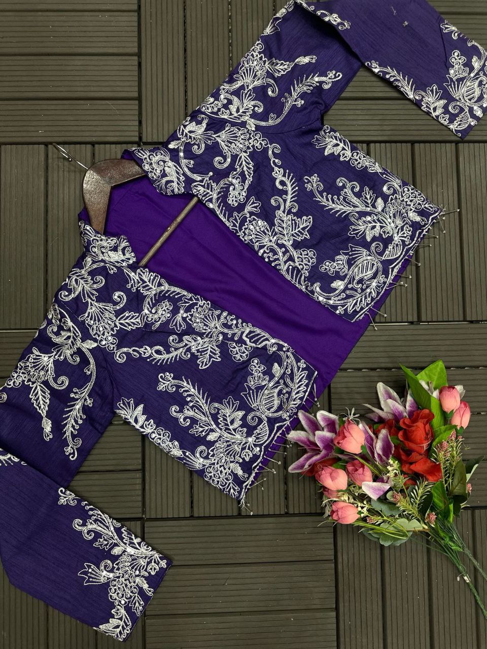 Indo-Western Draped Skirt & Crop Top with Embroidered Blazer Jacket