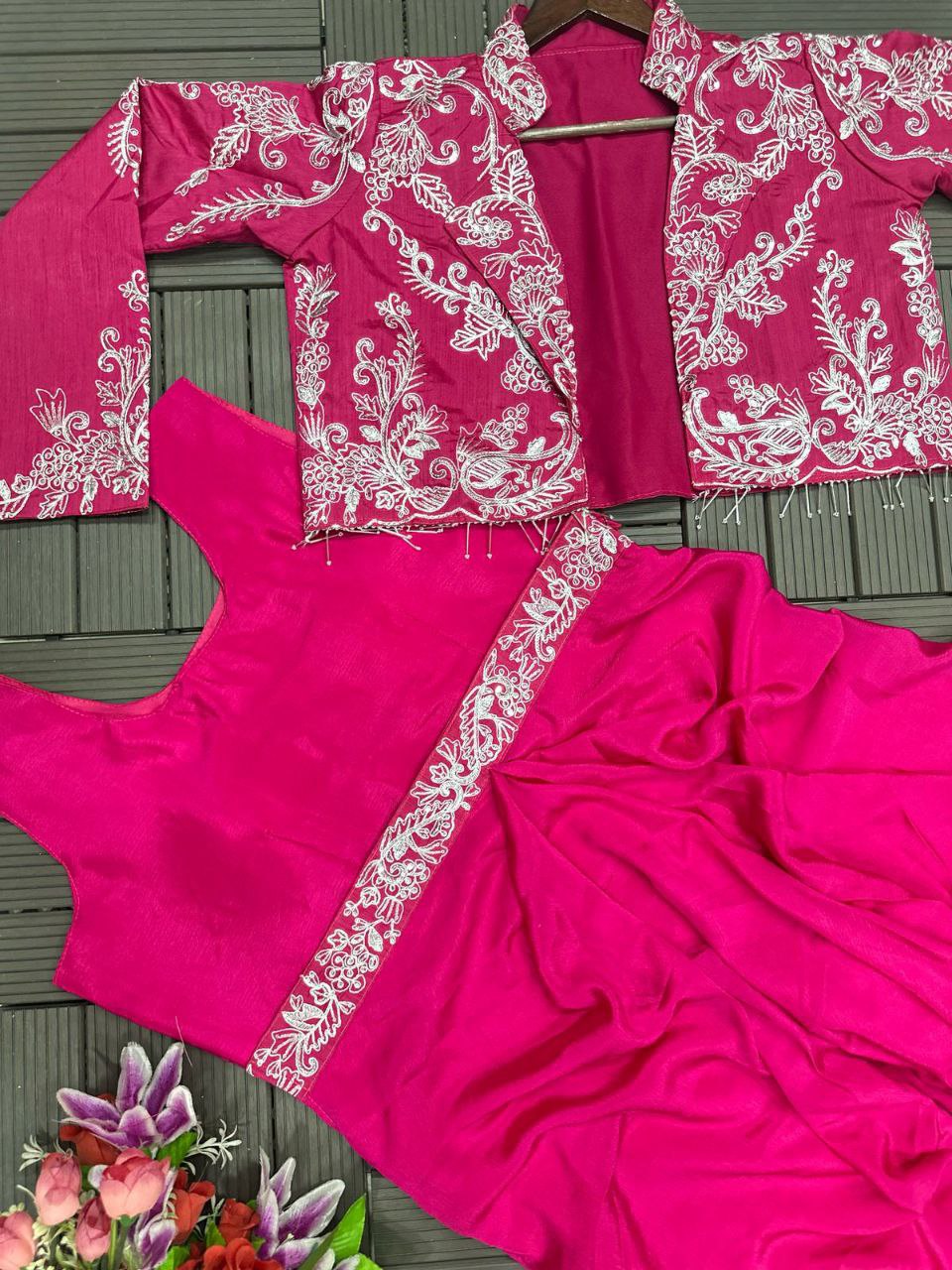 Indo-Western Draped Skirt & Crop Top with Embroidered Blazer Jacket