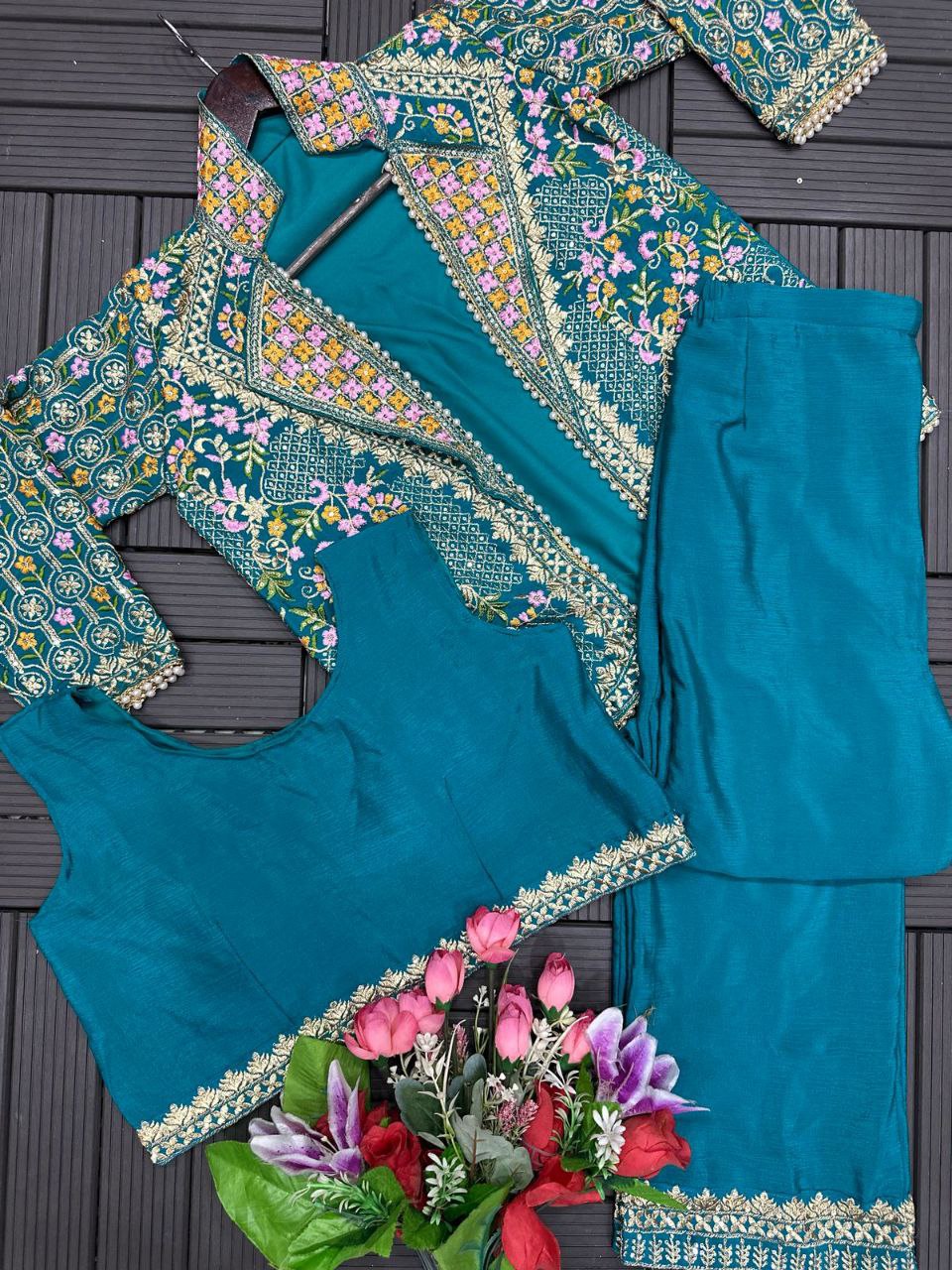 Designer Mehndi Green 3-Piece Palazzo Set with Heavy Embroidered Jacket