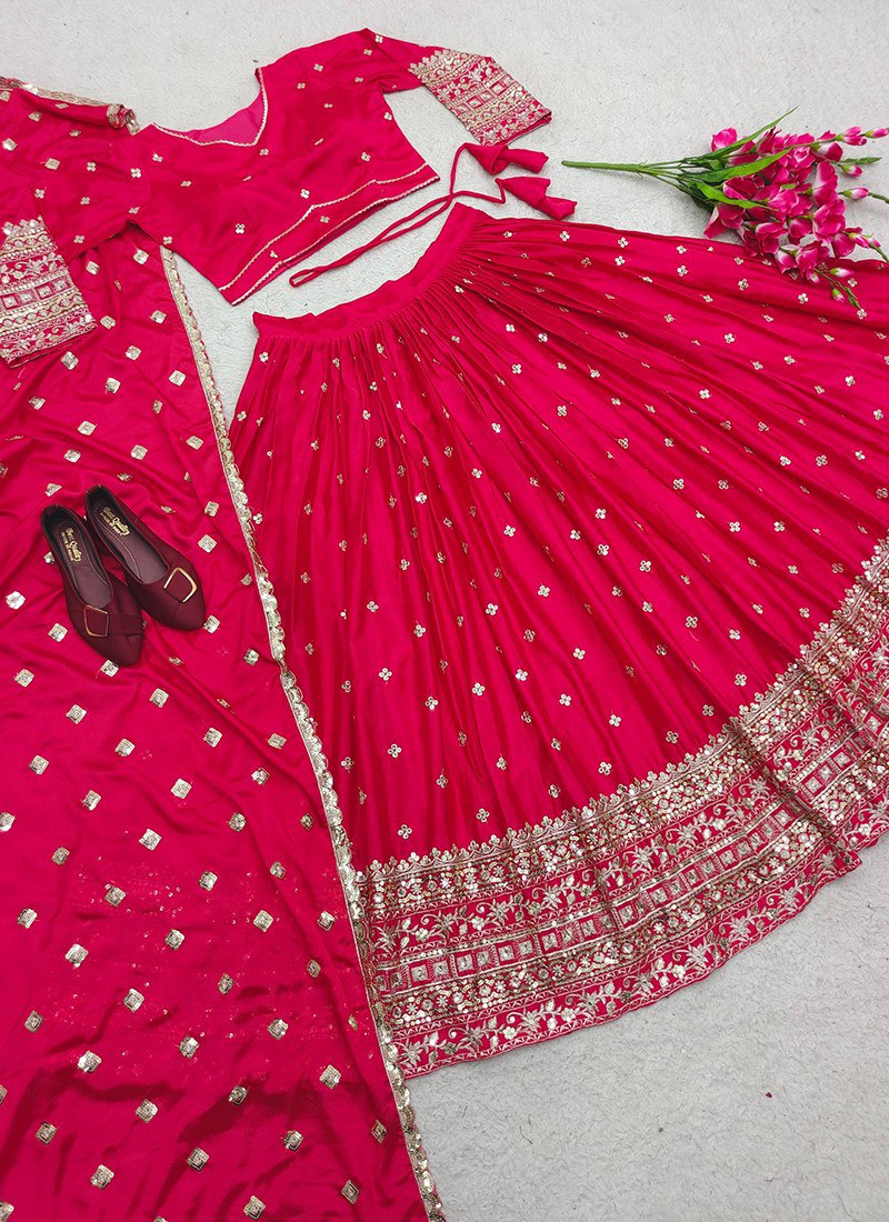 Women's Embroidered Sequins Lace Chinnon Lehenga with Dupatta Set
