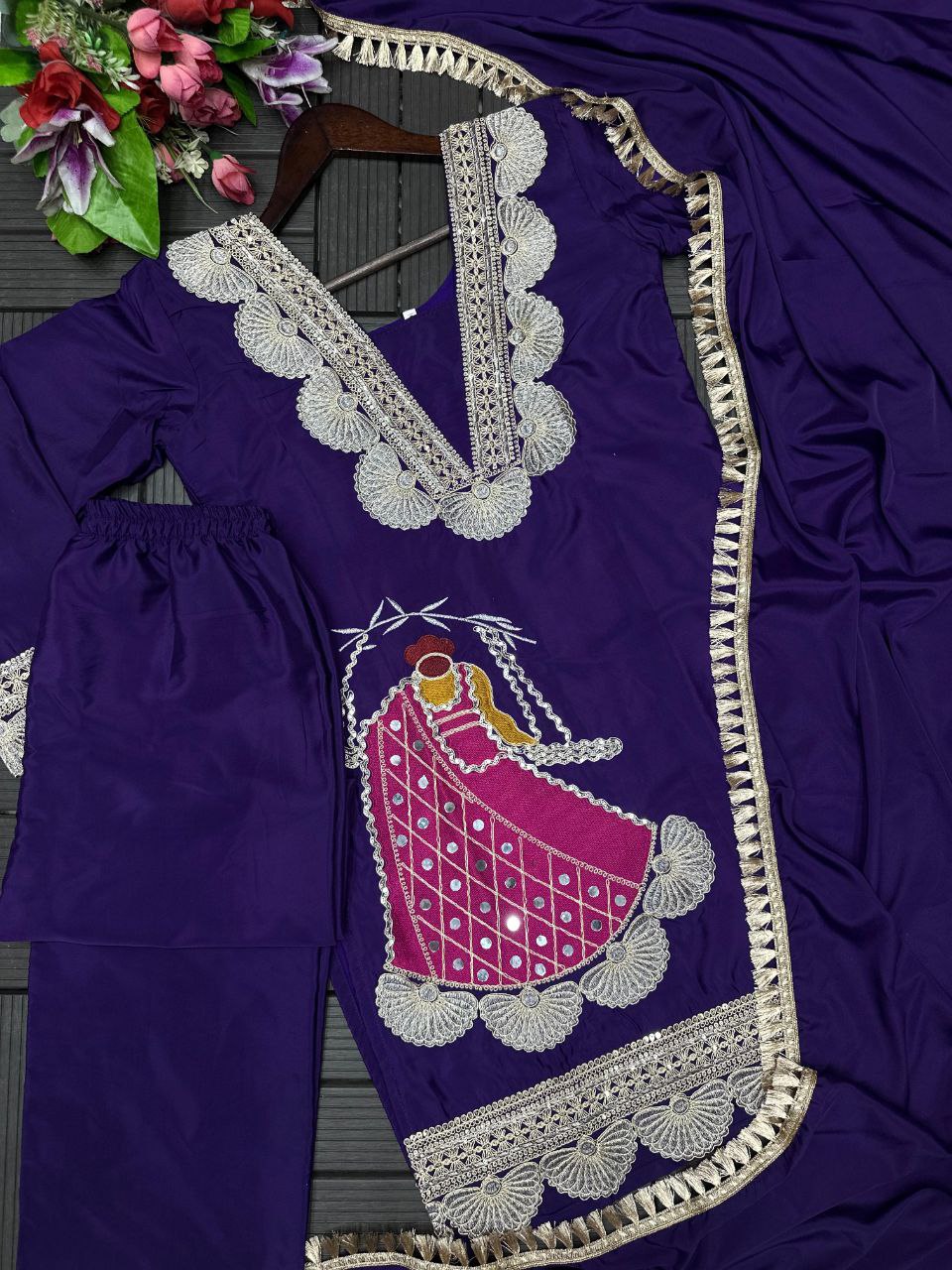 Festive Rani Pink Kurta Set with Peacock Embroidery & Gota Work