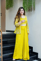 Embroidered Indo-Western Draped Skirt & Crop Top with Blazer Jacket