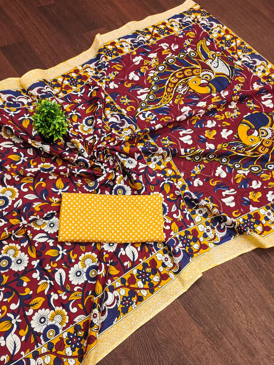 Woman's Mulmul Cotton Kalamkari Hand Block Print Saree