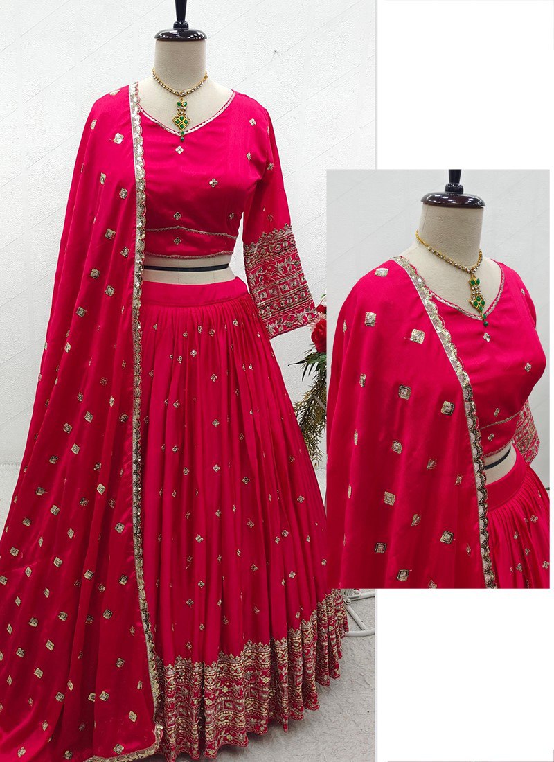 Women's Embroidered Sequins Lace Chinnon Lehenga with Dupatta Set