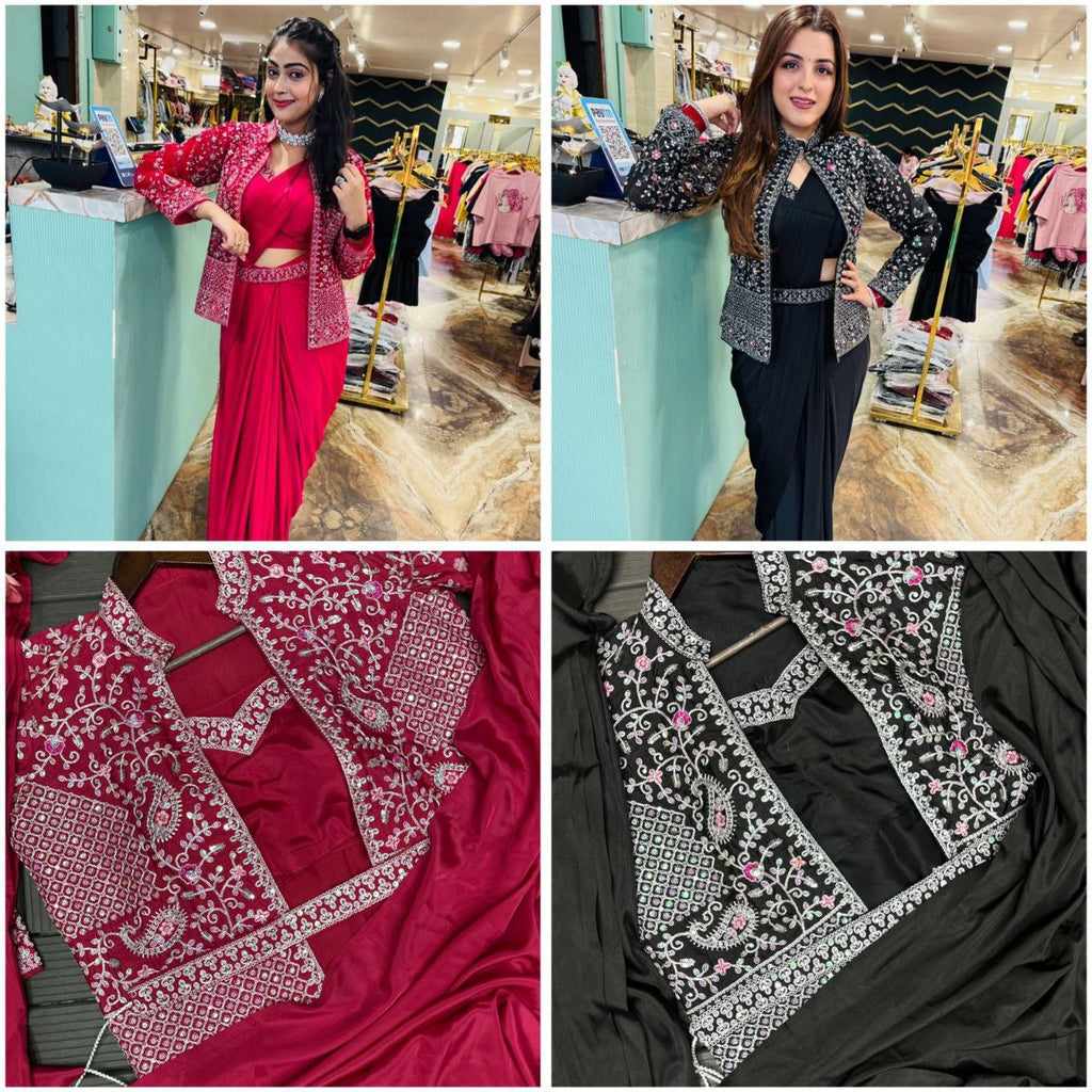 Embroidered Sequin Jacket with Ready-to-Wear Saree and Belt