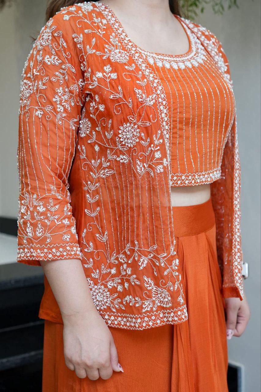 Embroidered Indo-Western Draped Skirt & Crop Top with Blazer Jacket
