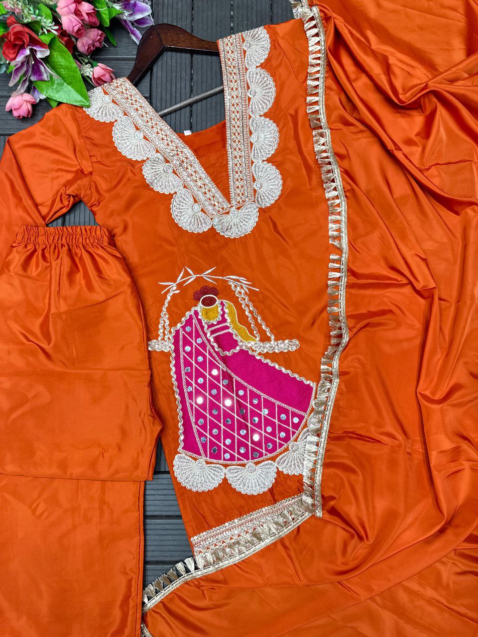 Festive Rani Pink Kurta Set with Peacock Embroidery & Gota Work
