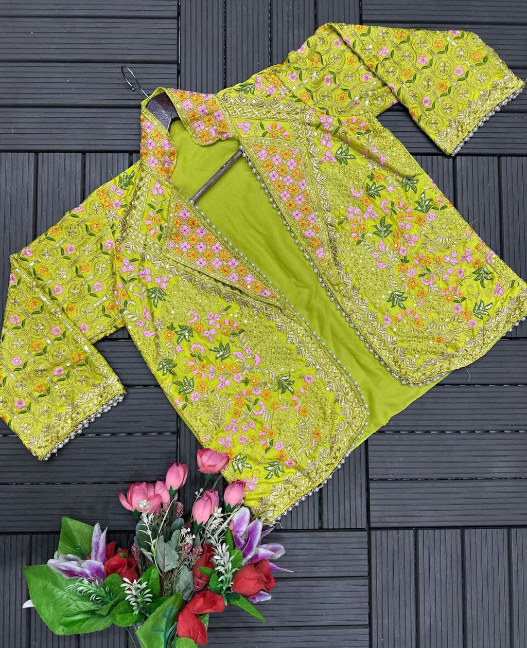 Designer Mehndi Green 3-Piece Palazzo Set with Heavy Embroidered Jacket