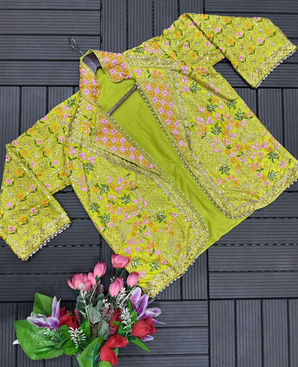 Designer Mehndi Green 3-Piece Palazzo Set with Heavy Embroidered Jacket