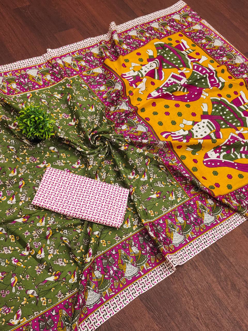 Mulmul Cotton Kalamkari Hand Block Print Saree