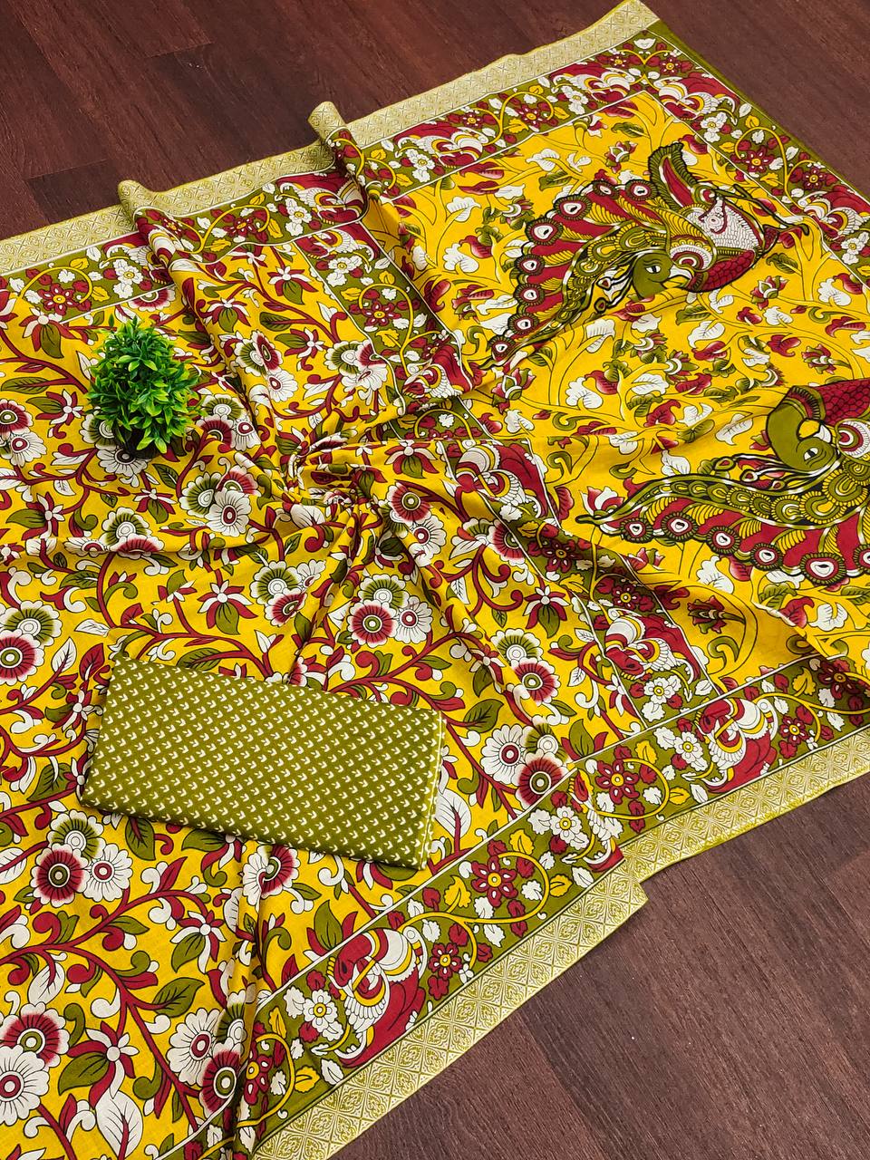 Woman's Mulmul Cotton Kalamkari Hand Block Print Saree