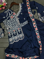 Designer Royal Blue Saree-Style Gown with Attached Embroidered Jacket