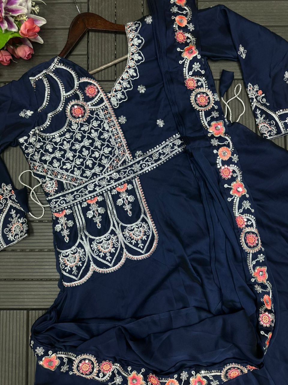 Designer Royal Blue Saree-Style Gown with Attached Embroidered Jacket