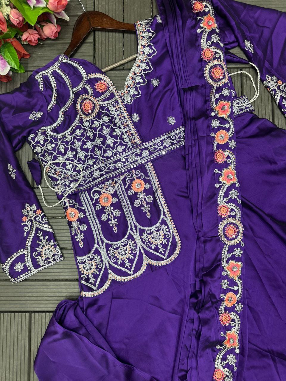 Designer Royal Blue Saree-Style Gown with Attached Embroidered Jacket