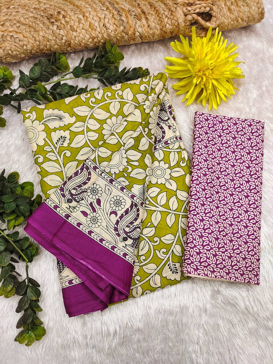 Woman's Kalamkari Hand Block Print Saree with Mulmul Cotton