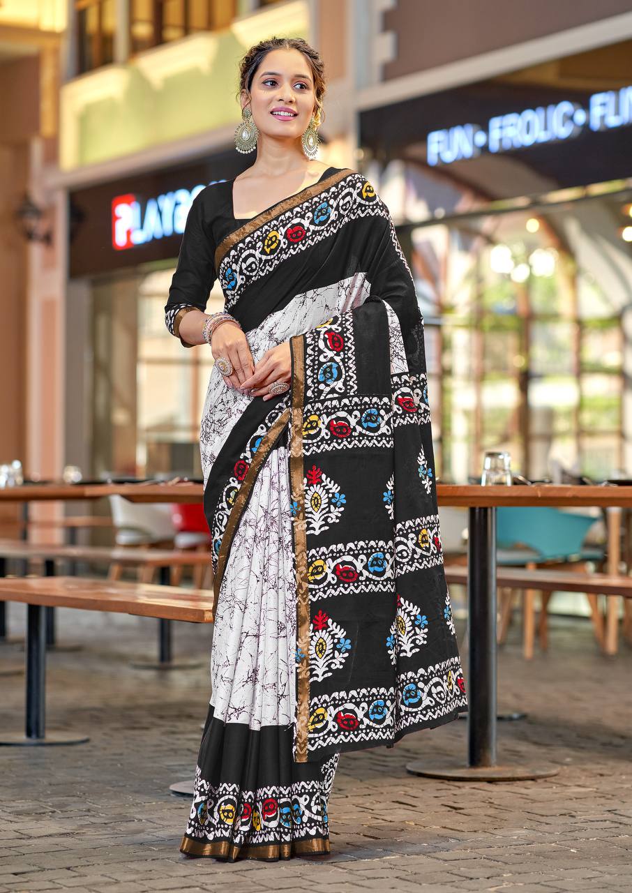 Elegance Mulmul Cotton Zari Border Printed Saree