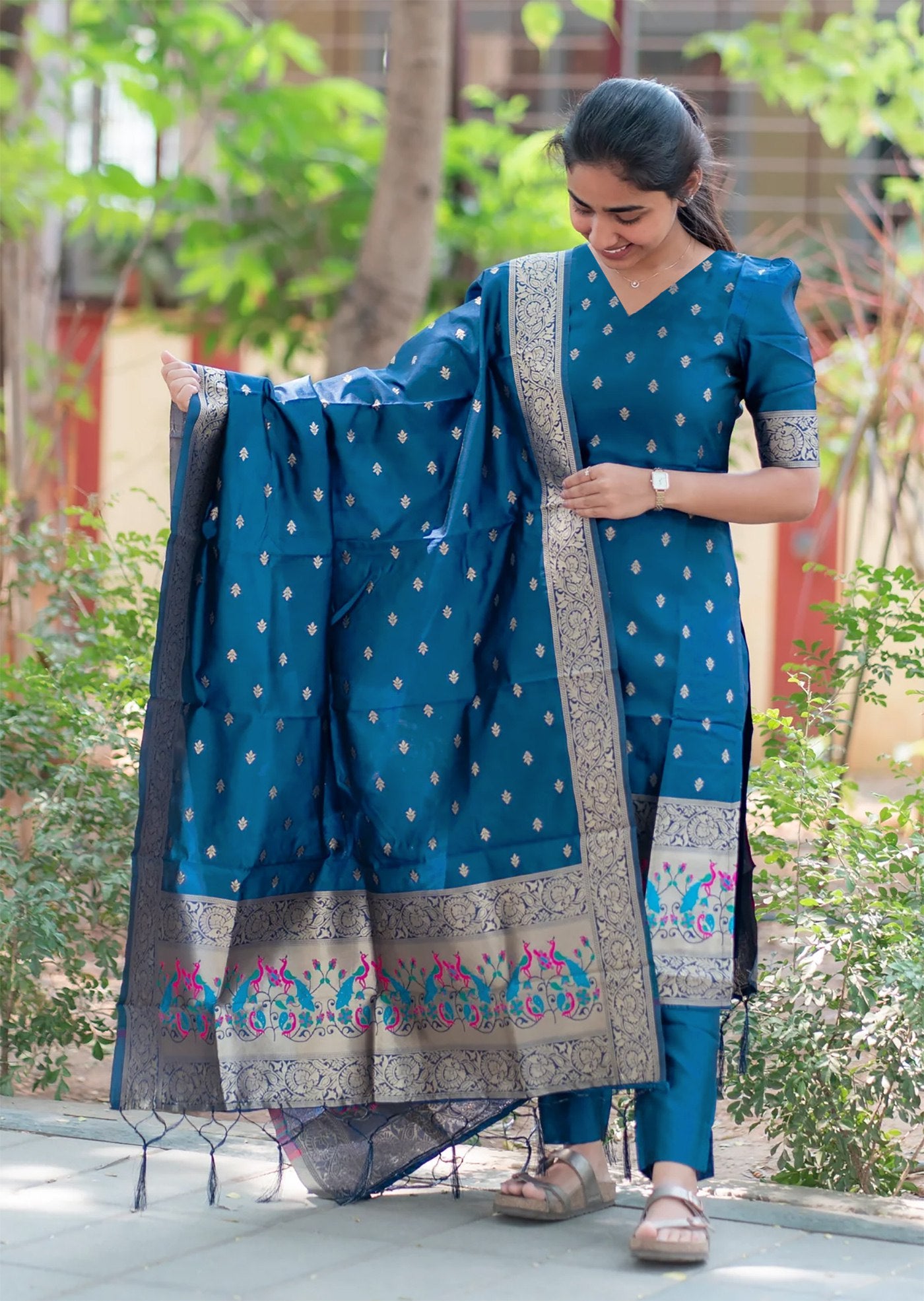 Traditional Jacquard Kurta with Pant and Dupatta Set
