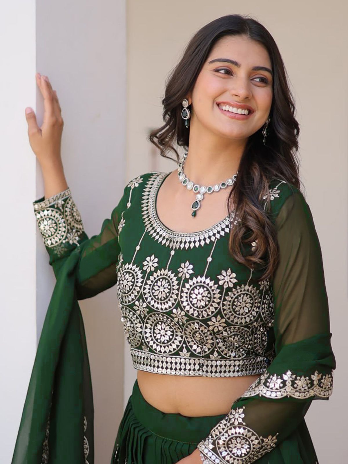 Georgette Semi-Stitched Lehenga with Thread Work & Embroidered Dupatta Set
