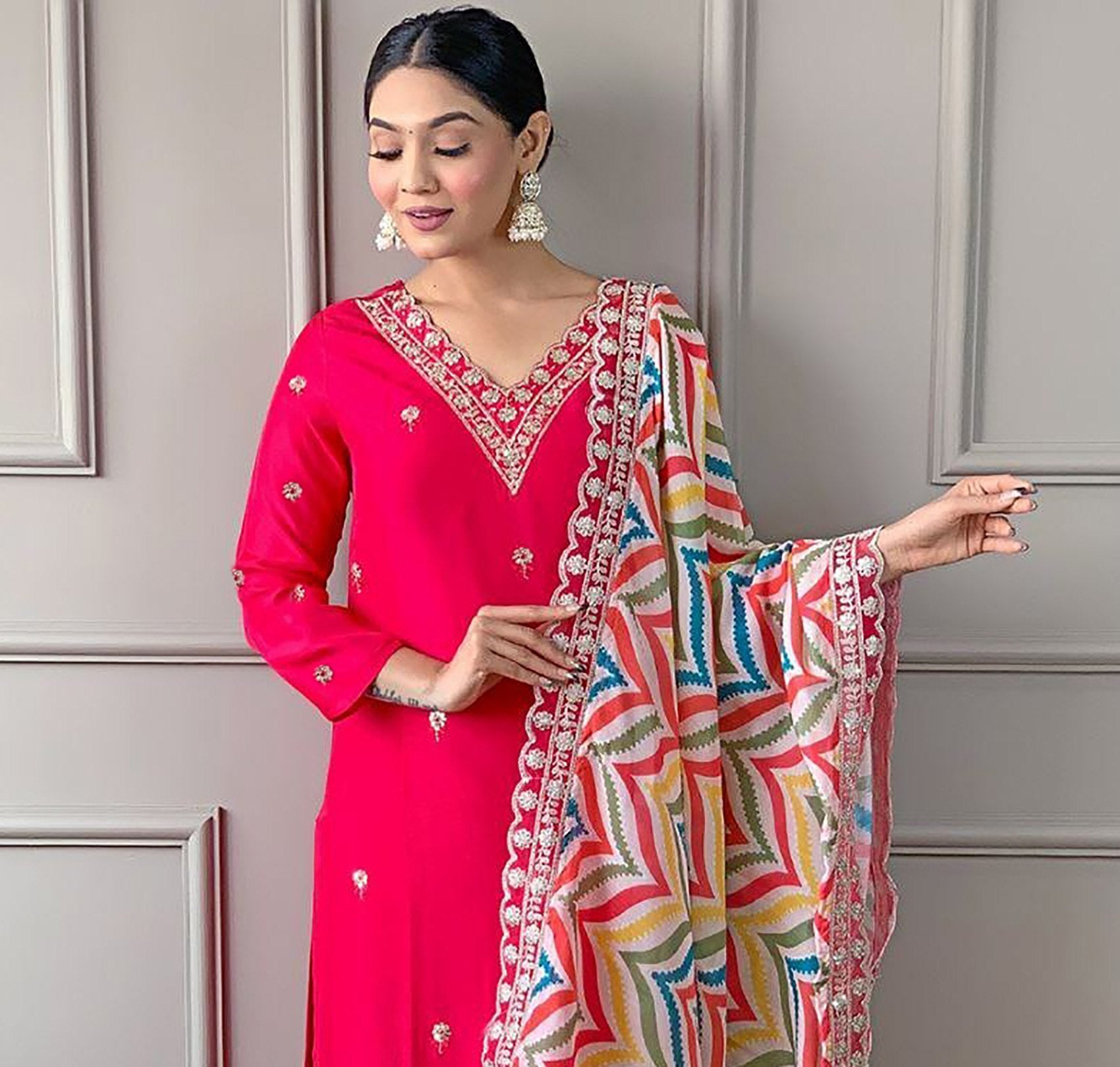 Women's Embroidered Cotton Silk Kurta Set with Dupatta Set