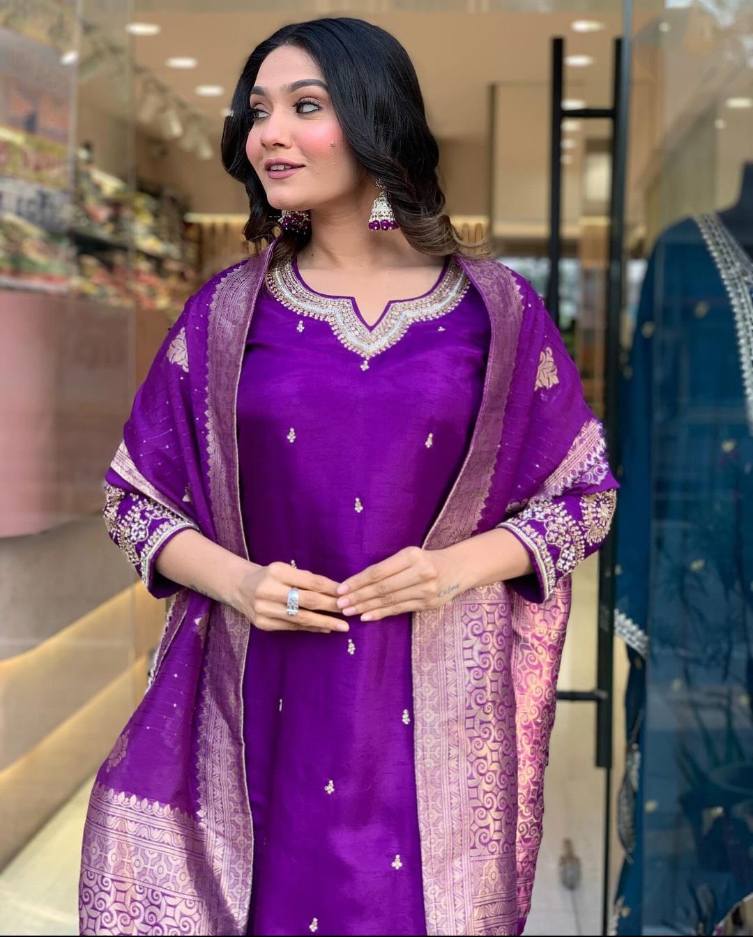 Purple Chinnon Embroidered Kurta with Pant and Dupatta Set