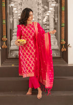 Pink Jacquard Embroidered Kurta with Pant and Dupatta Set
