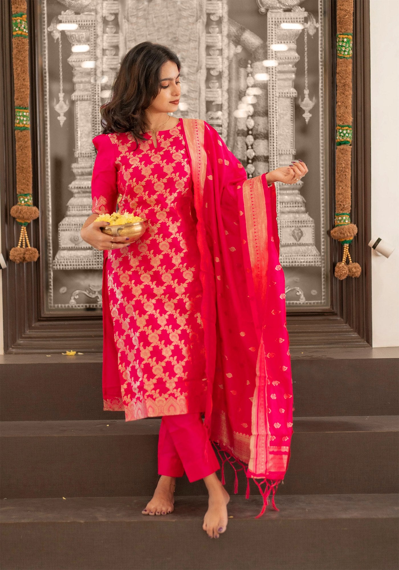Pink Jacquard Embroidered Kurta with Pant and Dupatta Set