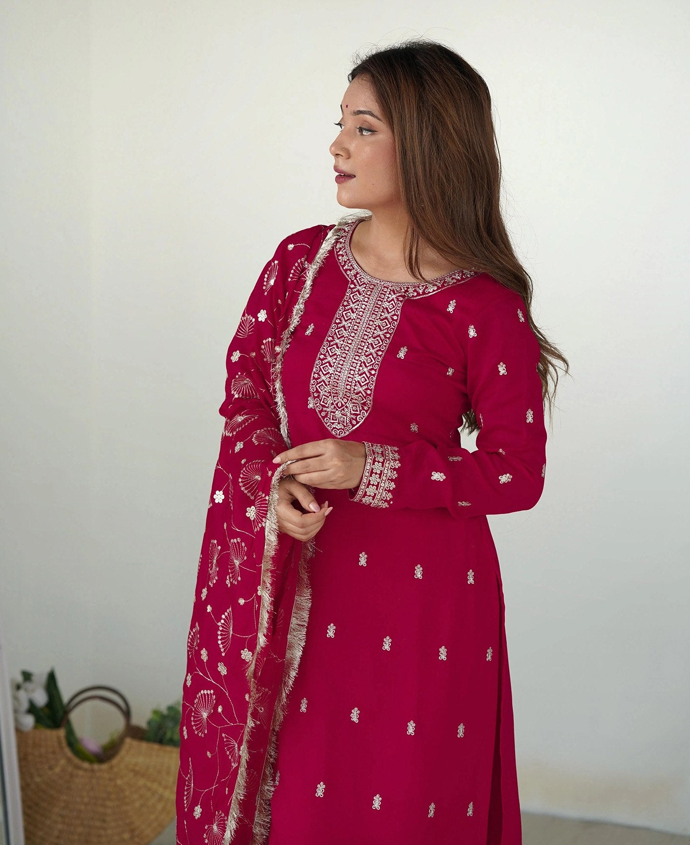 Georgette Embroidered Pink Kurta with Pant and Dupatta Set