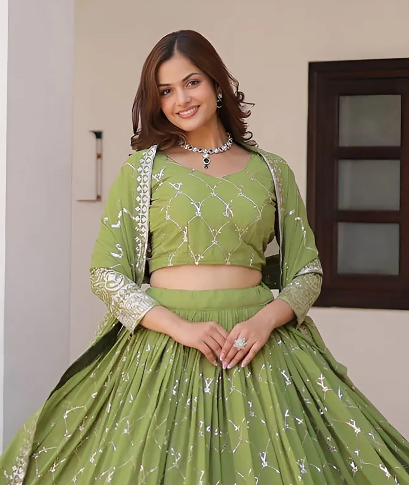 Mehendi Georgette Embroidered Sequins Lace Lehenga with Dupatta Set