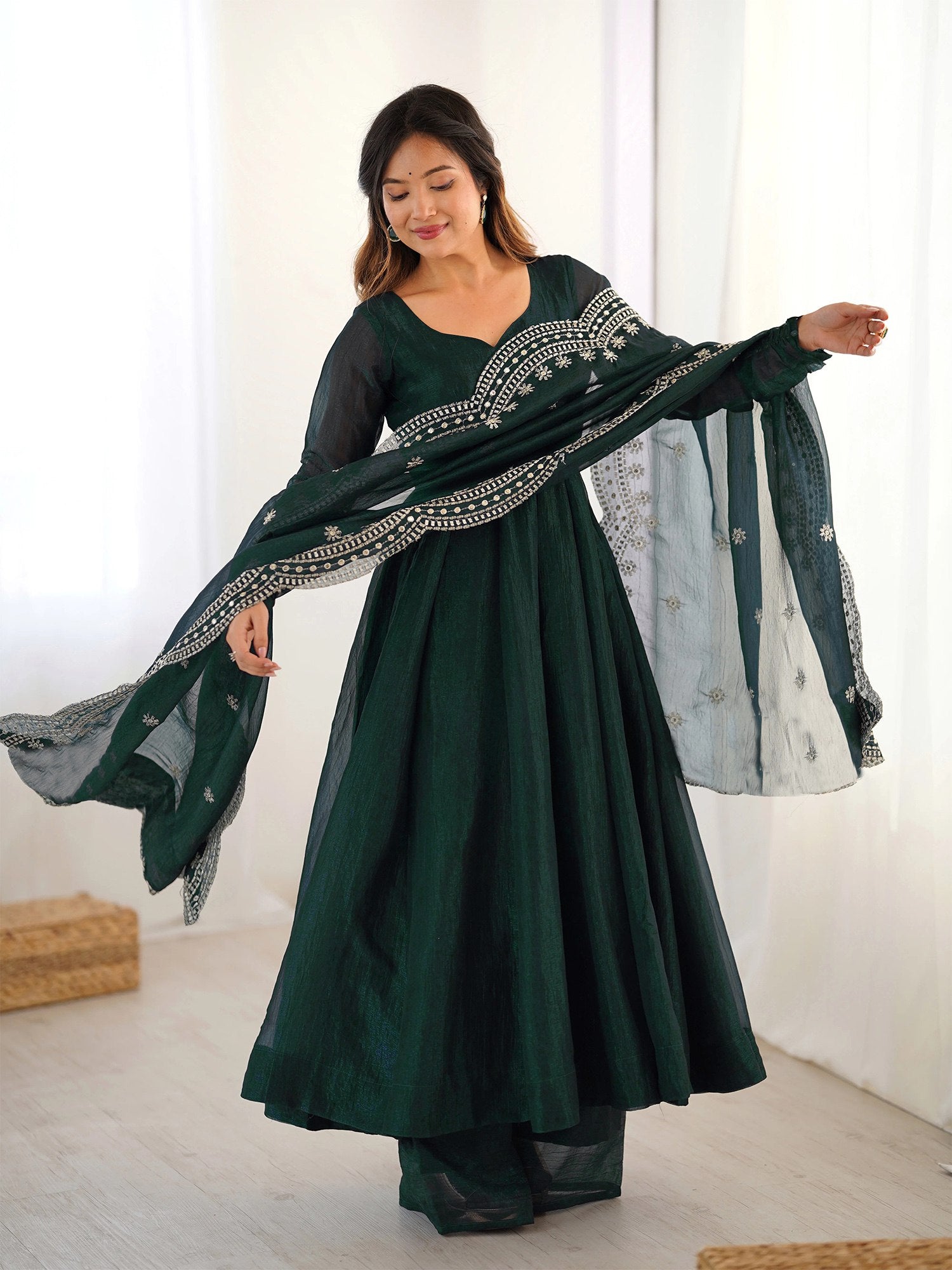Vichitra Embroidered Green Kurta with Pant and Dupatta Set
