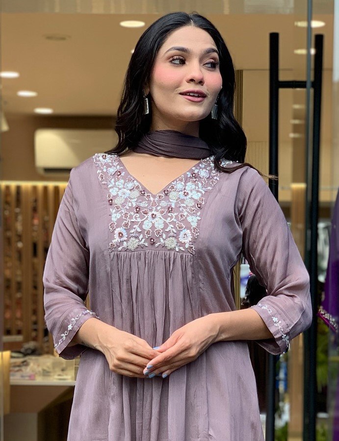 Embroidered Chinnon Purple Kurta with Pant and Dupatta Set