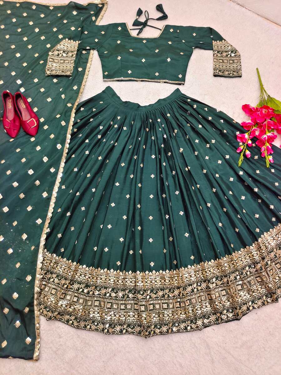 Women's Embroidered Sequins Lace Chinnon Lehenga with Dupatta Set