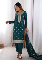 Teal Embroidered Cotton Silk Kurta Set with Dupatta