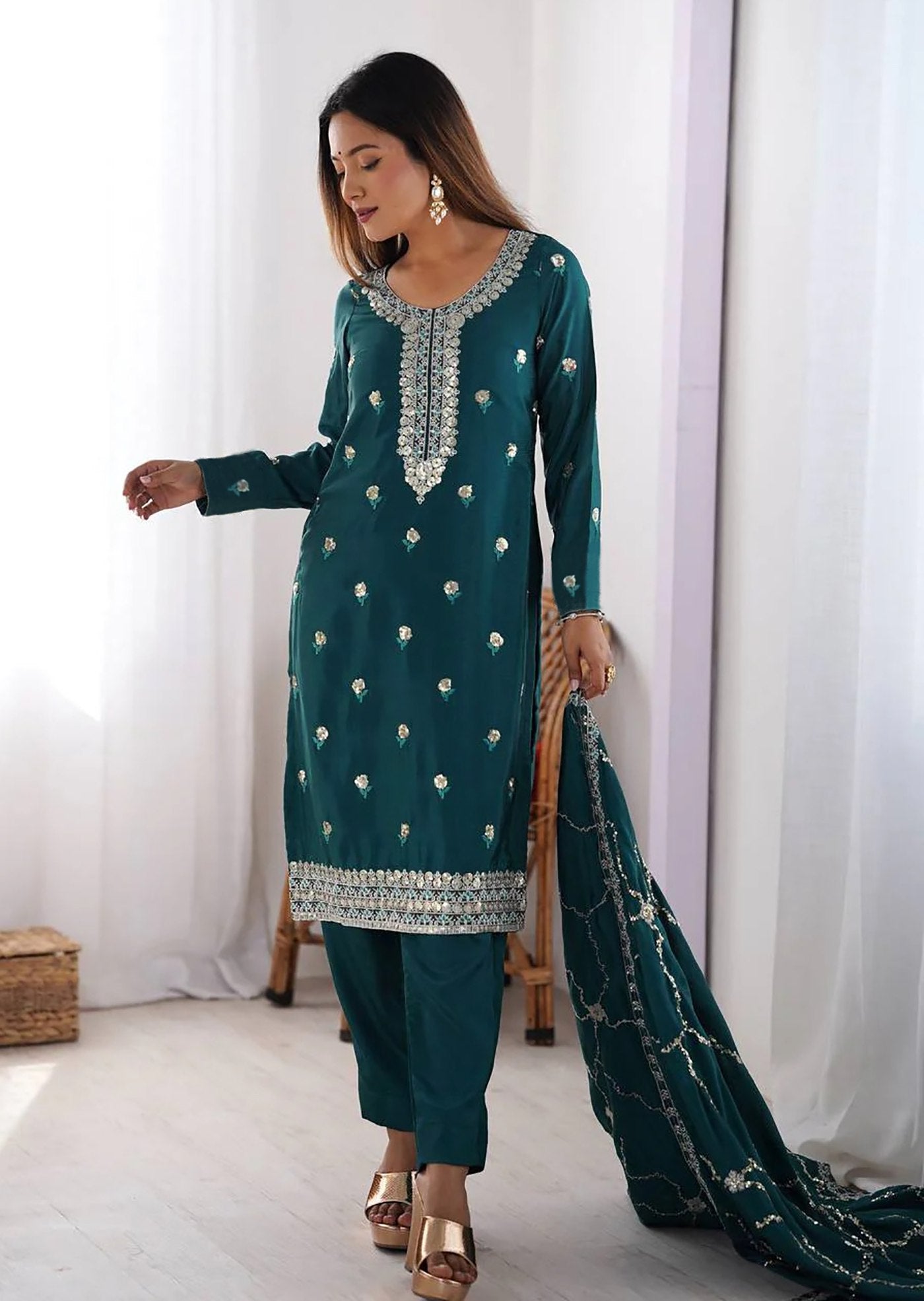 Teal Embroidered Cotton Silk Kurta Set with Dupatta