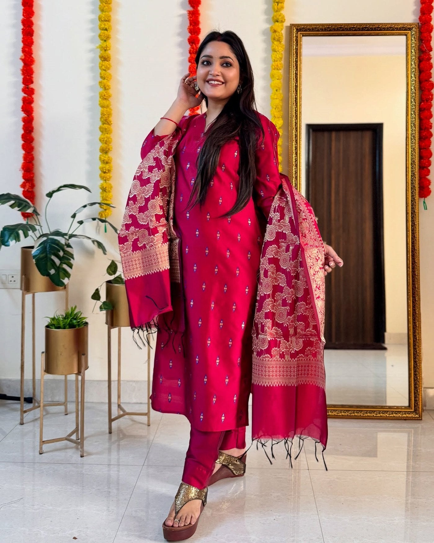 Trendy Jacquard Kurta with Pant and Dupatta Set