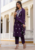 Cotton Silk Embroidered Purple Kurta Set with Dupatta