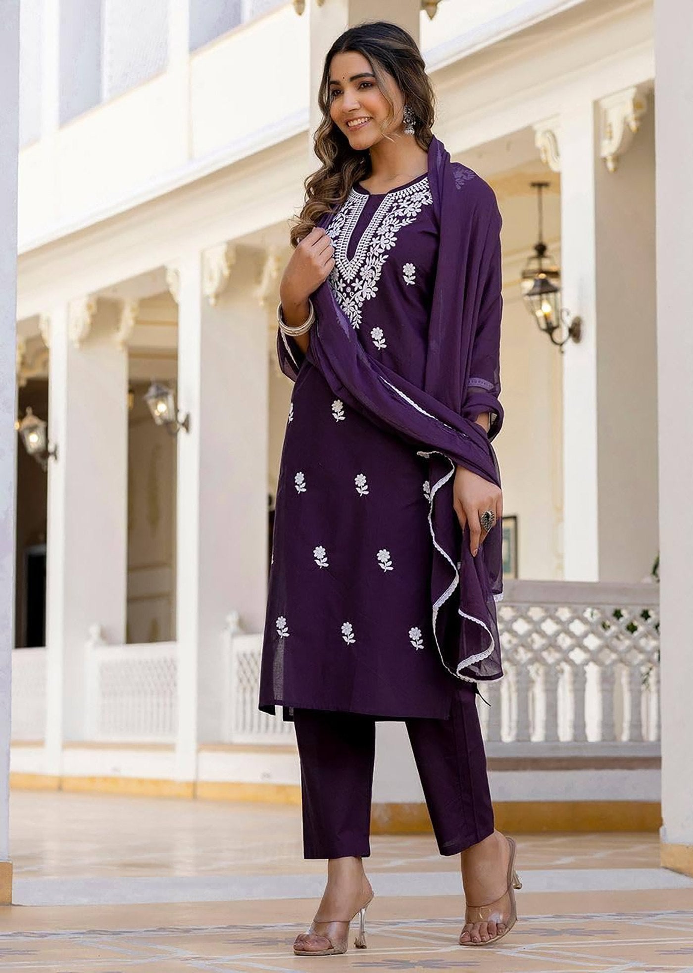 Cotton Silk Embroidered Purple Kurta Set with Dupatta