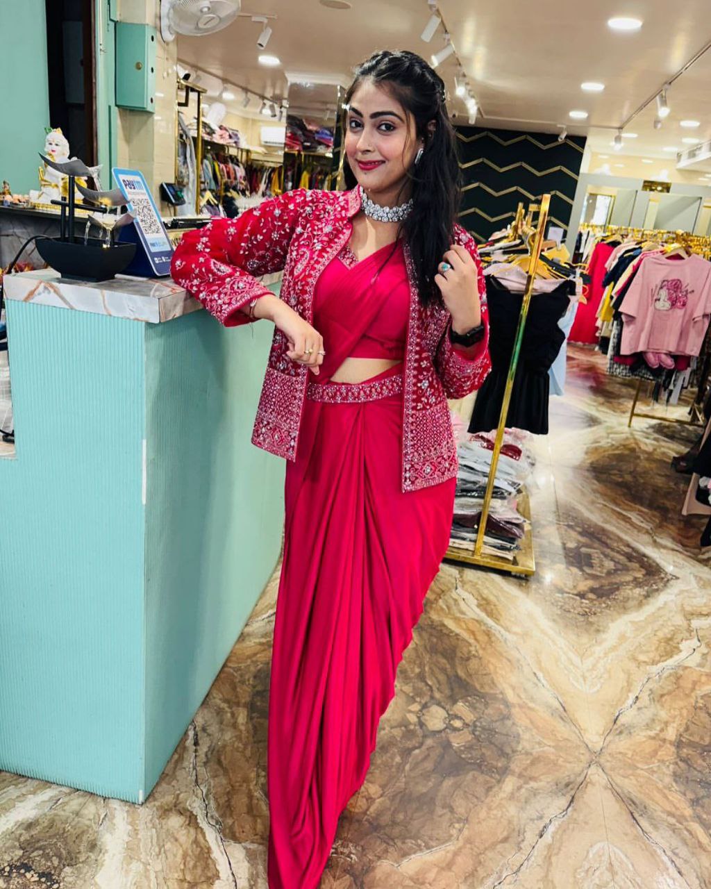 Embroidered Sequin Jacket with Ready-to-Wear Saree and Belt