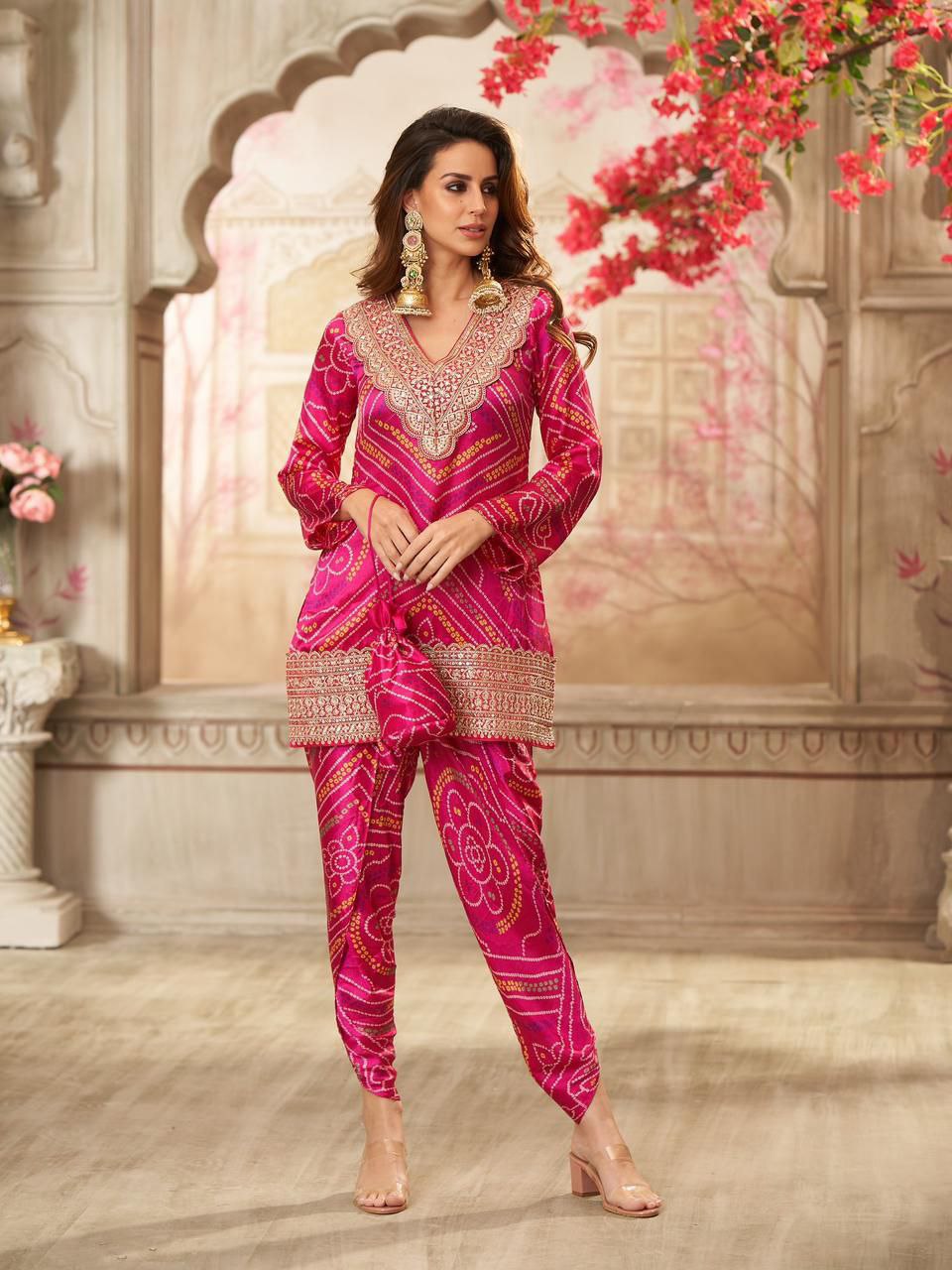 Pink Embroidered Heavy Chinnon Kurta Set
