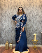 Designer Royal Blue Saree-Style Gown with Attached Embroidered Jacket