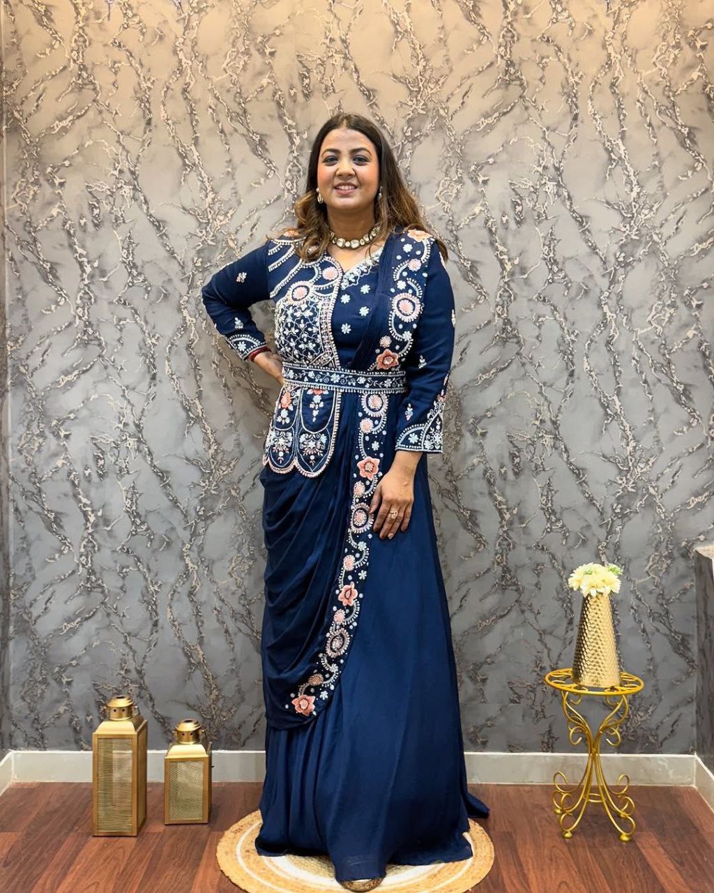 Designer Royal Blue Saree-Style Gown with Attached Embroidered Jacket