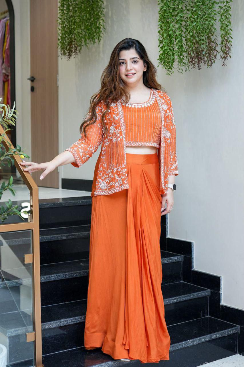 Embroidered Indo-Western Draped Skirt & Crop Top with Blazer Jacket