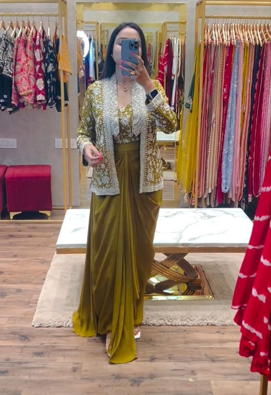 Embroidered Indo-Western Draped Skirt & Crop Top with Blazer Jacket