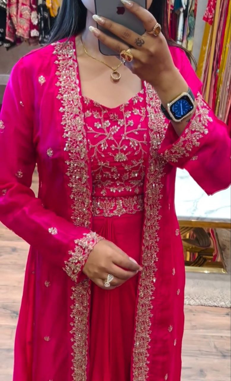 Indo-Western Draped Skirt & Crop Top with Embroidered Blazer Jacket