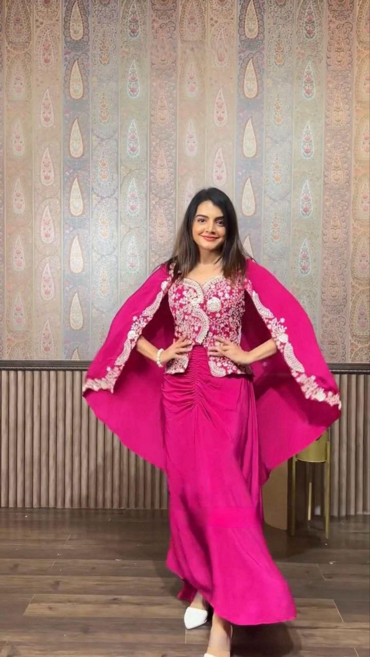 3-Piece Wine Color Sharara Suit with Heavy Embroidered Shrug and Crop Top