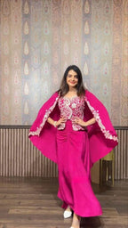3-Piece Wine Color Sharara Suit with Heavy Embroidered Shrug and Crop Top