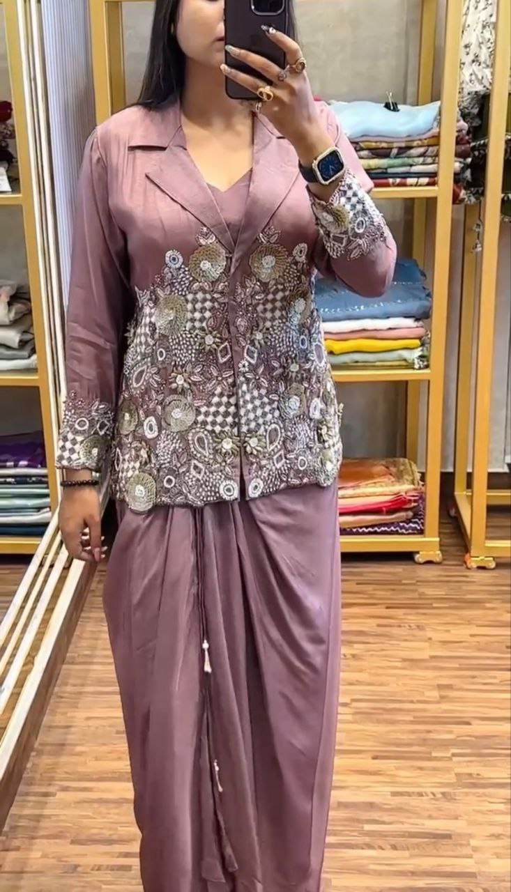Indo-Western Draped Skirt & Crop Top with Embroidered Blazer Jacket