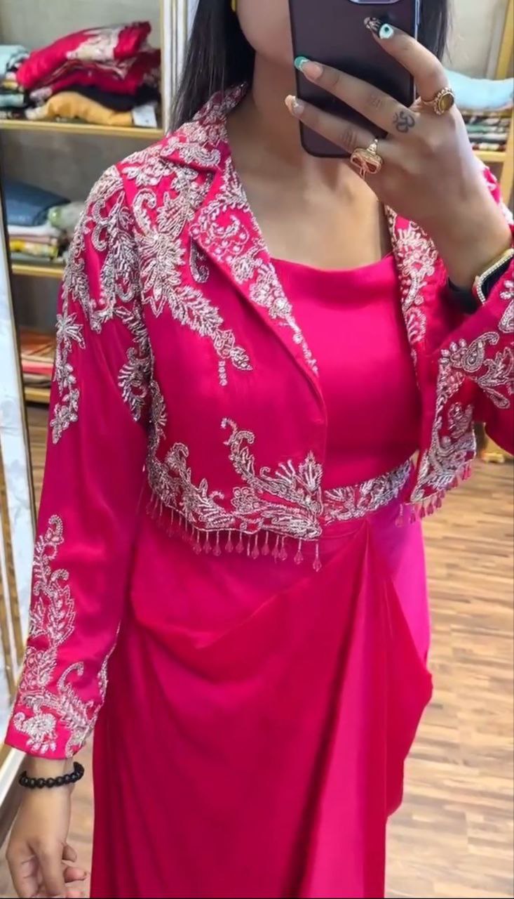 Indo-Western Draped Skirt & Crop Top with Embroidered Blazer Jacket