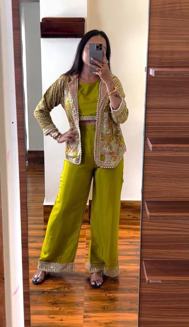 Designer Mehndi Green 3-Piece Palazzo Set with Heavy Embroidered Jacket