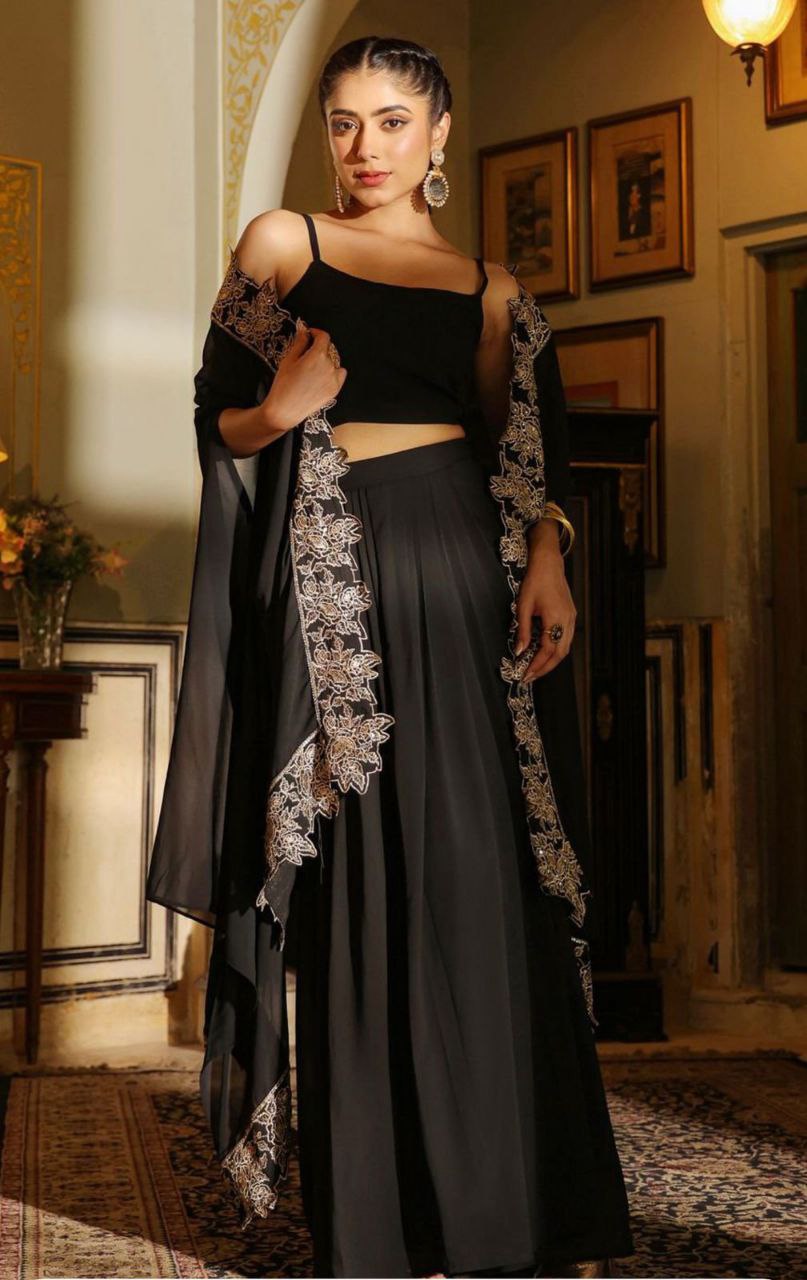 3-Piece Wine Color Sharara Suit with Heavy Embroidered Shrug and Crop Top
