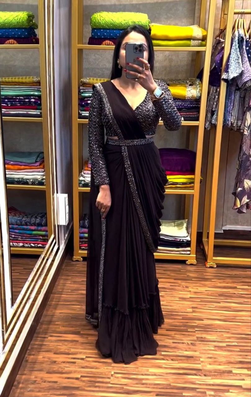 Embroidered Sequin Jacket with Ready-to-Wear Saree and Belt